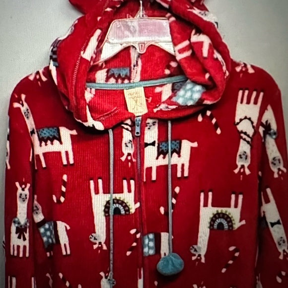 Munki Munki Plush One Piece Red Llama Zip Fleece Pajamas Small Hooded Onesie - Picture 2 of 7